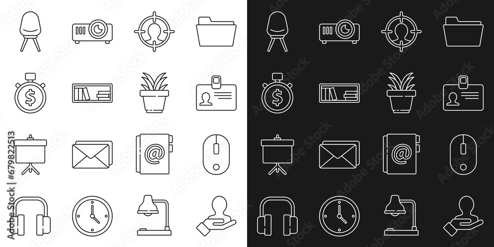 Set line Hand for search a people, Computer mouse, Identification badge, Head hunting concept, Shelf with books, Time is money, Office chair and Plant pot icon. Vector