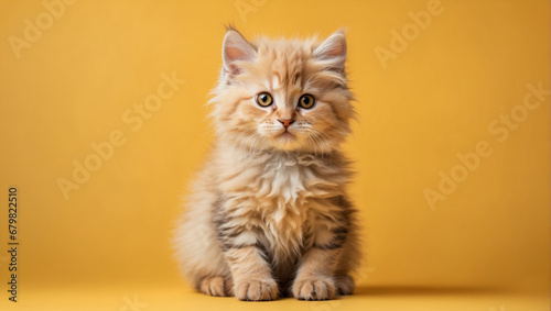 Fluffy kitty looking at camera isolated on yellow background