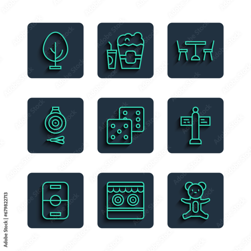 Set line Hockey table, Shooting gallery, Teddy bear plush toy, Picnic with chairs, Game dice, Classic dart board and arrow, Tree and Road traffic signpost icon. Vector Set line Hockey table, Shooting gallery, Teddy bear plush toy, Picnic with chairs, Game dice, Classic dart board and arrow, Tree and Road traffic signpost icon. Vector