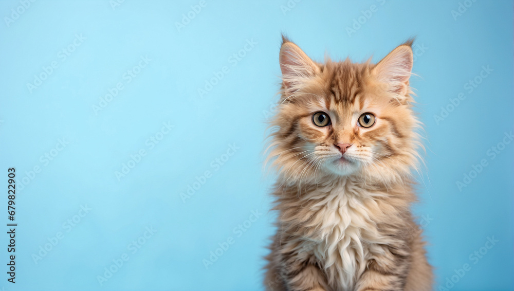 Fluffy kitty looking at camera isolated on blue background Fluffy kitty looking at camera isolated on blue background