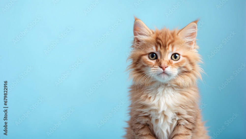 Fototapeta premium Fluffy kitty looking at camera isolated on blue background