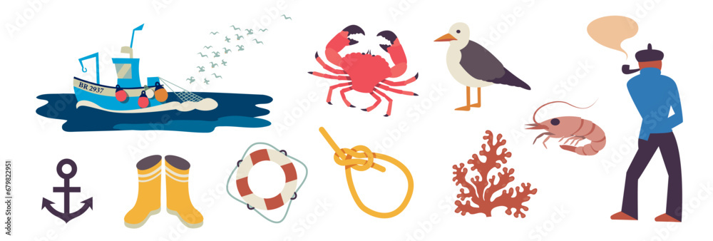 Set of icons on the fishing theme. Fishing boat, catch of the day in Britain. Vector illustrations separated on a white background Set of icons on the fishing theme. Fishing boat, catch of the day in Britain. Vector illustrations separated on a white background