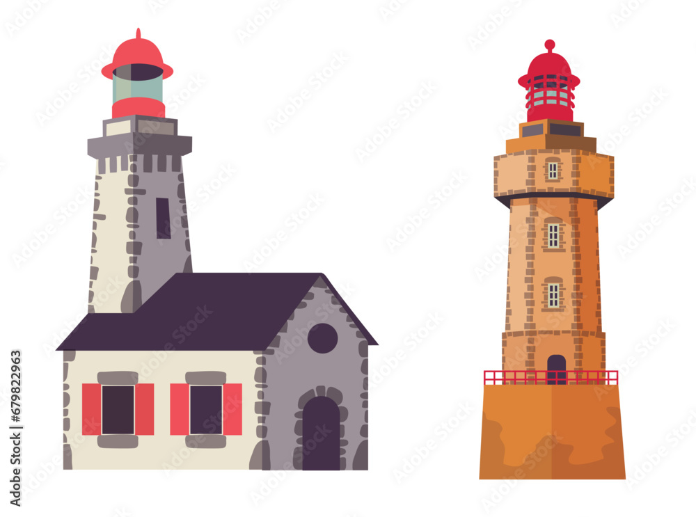 Two Lighthouses, in Bretagne, france. Vector illustrations on a white background.