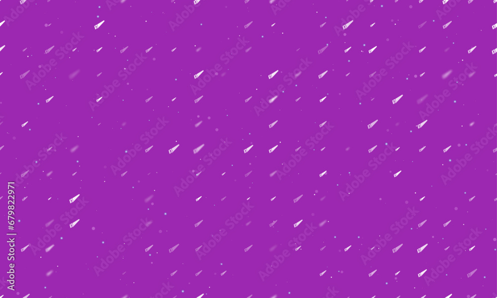 Seamless background pattern of evenly spaced white hand saw symbols of different sizes and opacity. Vector illustration on purple background with stars