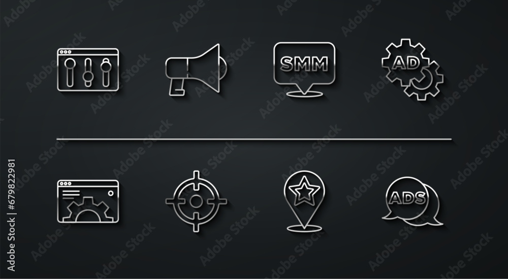 Set line Browser setting, Advertising, Map pointer with star, Target sport, Megaphone, and Social media marketing icon. Vector Set line Browser setting, Advertising, Map pointer with star, Target sport, Megaphone, and Social media marketing icon. Vector