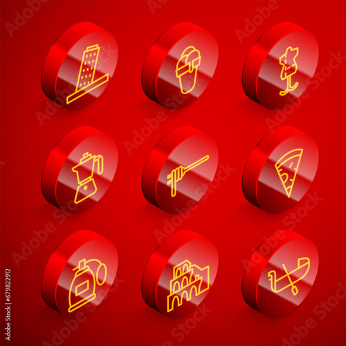 Set line Tower in Pisa, Ice cream, Mannequin, Coffee moca pot, Pasta spaghetti, Slice pizza, Perfume and Coliseum Rome icon. Vector