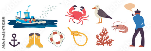 Set of icons on the fishing theme. Fishing boat, catch of the day in Britain. Vector illustrations separated on a white background