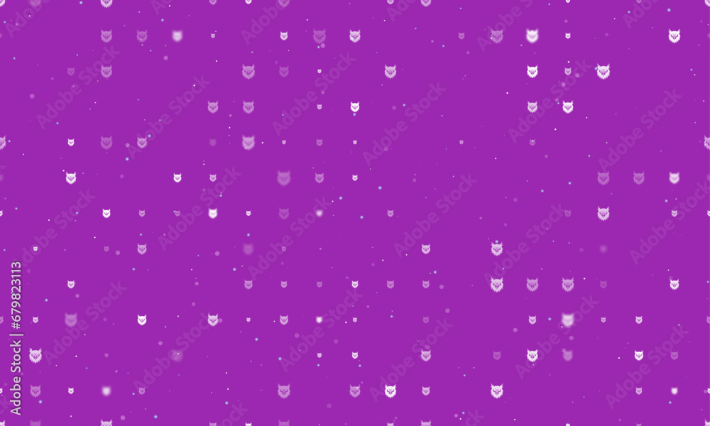 Seamless background pattern of evenly spaced white owl head symbols of different sizes and opacity. Vector illustration on purple background with stars