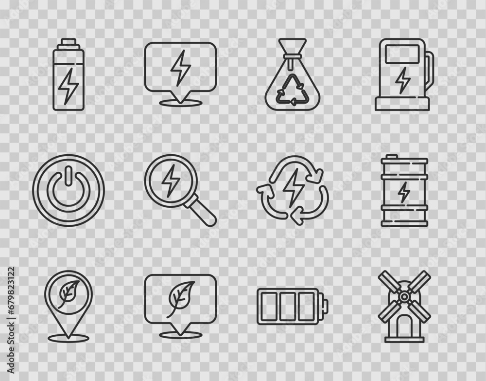 Set line Location with leaf, Wind turbine, Garbage bag recycle, Battery, Lightning bolt, and Bio fuel barrel icon. Vector Set line Location with leaf, Wind turbine, Garbage bag recycle, Battery, Lightning bolt, and Bio fuel barrel icon. Vector