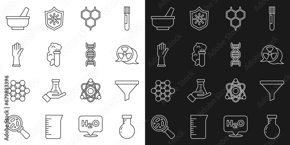 Set line Test tube and flask, Funnel or filter, Radioactive, Chemical formula, explosion, Medical rubber gloves, Mortar pestle and DNA symbol icon. Vector