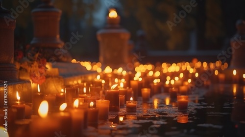 Burning candles on the cemetery at night. Selective focus.