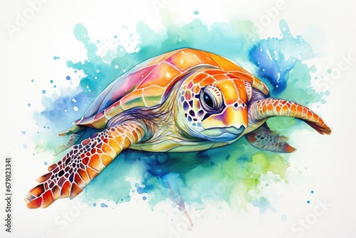 watercolor Turtle illustration with splash watercolor textured background