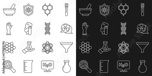 Set line Test tube and flask  Funnel or filter  Radioactive  Chemical formula  explosion  Medical rubber gloves  Mortar pestle and DNA symbol icon. Vector
