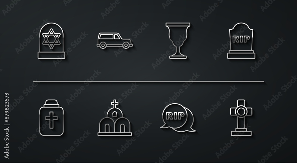 Set line Grave with star of david, Funeral urn, Tombstone RIP written, Speech bubble rip death, Church building, Hearse car, cross and Christian chalice icon. Vector Set line Grave with star of david, Funeral urn, Tombstone RIP written, Speech bubble rip death, Church building, Hearse car, cross and Christian chalice icon. Vector