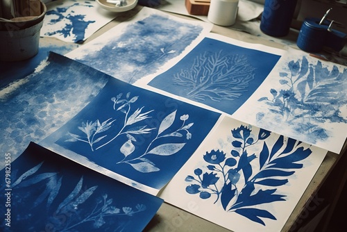 Abstract traditional floral cyanotype print in a workshop. Generative AI, AI