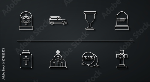 Set line Grave with star of david, Funeral urn, Tombstone RIP written, Speech bubble rip death, Church building, Hearse car, cross and Christian chalice icon. Vector