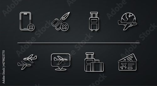 Set line No cell phone, Plane, Globe with flying plane, Suitcase, scissors, Airline ticket and icon. Vector