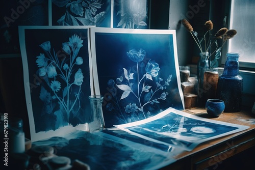 Abstract traditional floral cyanotype print in a workshop. Generative AI, AI