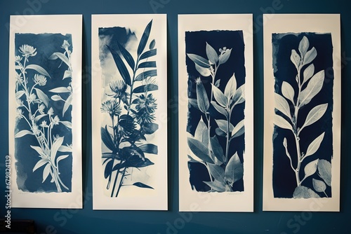 Abstract traditional floral cyanotype print in a workshop. Generative AI, AI