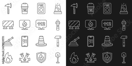 Set line Fire shovel, Hammer, Flashlight, alarm system, Location with fire flame, Road barrier, Firefighter axe and Emergency call icon. Vector