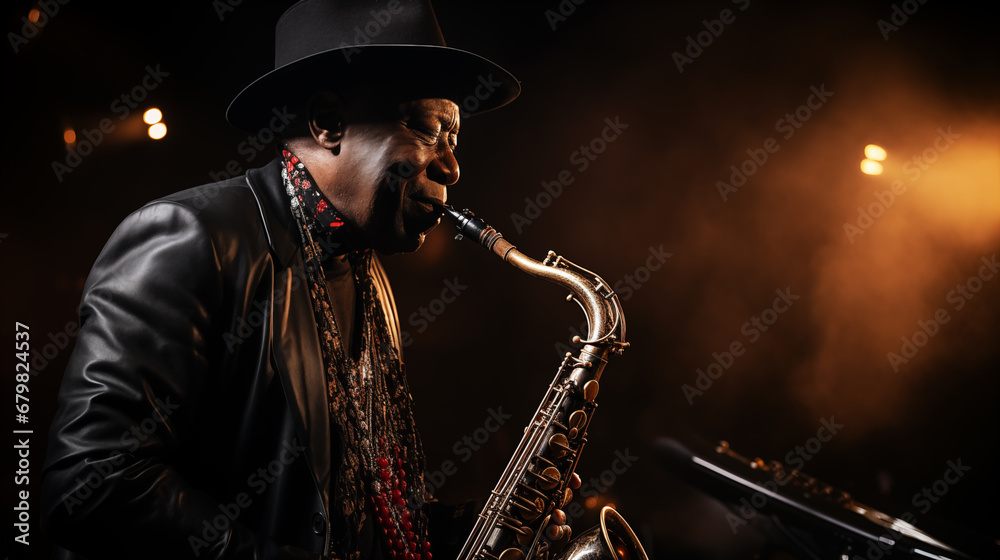 An African-American elderly talented jazz musician plays the saxophone on stage in the spotlight - obrazy, fototapety, plakaty 