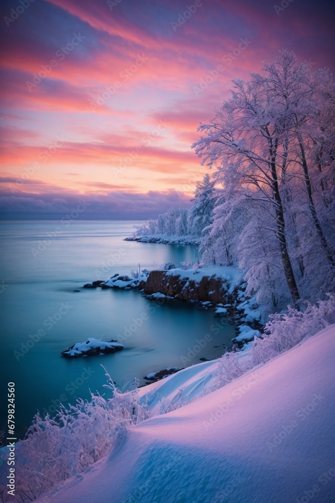 Obraz premium A Winter Wonderland: Serene Landscape with Snow-Covered Trees and Crystal Clear Lake
