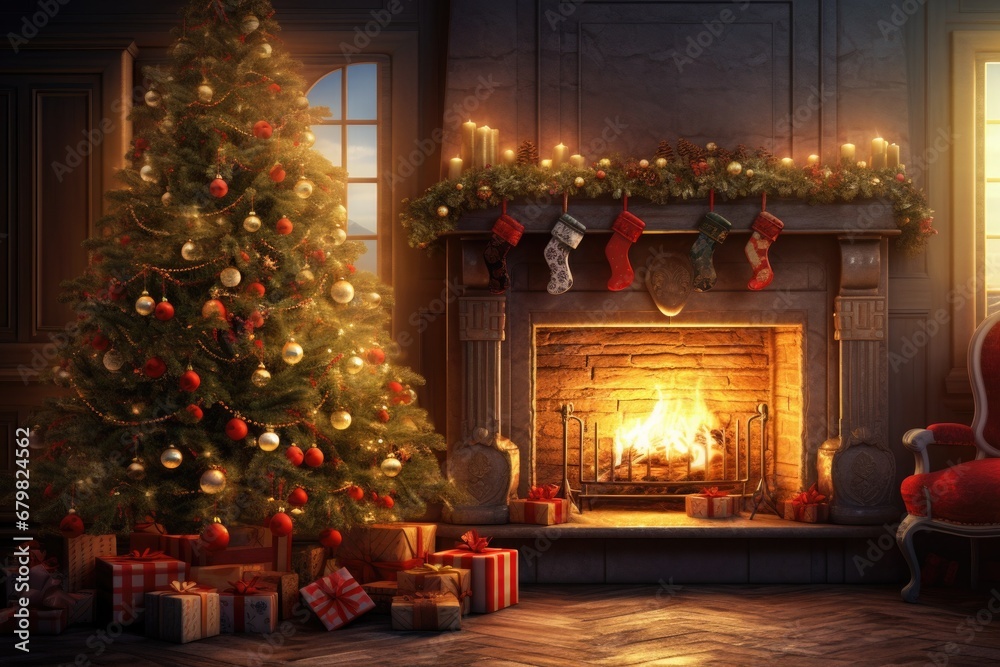 Christmas tree near the fireplace in the house, cozy house with fireplace in winter, Christmas card
