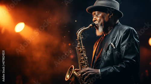 An African-American elderly talented jazz musician plays the saxophone on stage in the spotlight