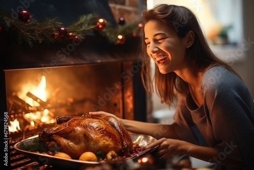 Happy girl taking Christmas turkey out of oven