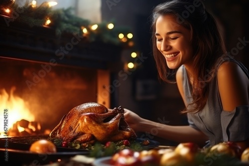 Happy girl taking Christmas turkey out of oven