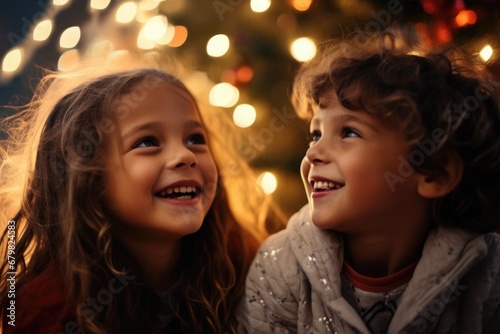 Little girl and boy, Christmas gifts, christmas garland