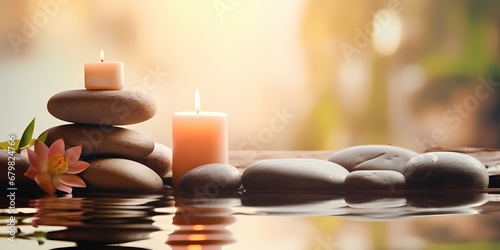 zen basalt stones and burning candles on the water  spa concept - generative ai