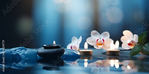 Spa still life with candles and orchids on a blue background - generative ai