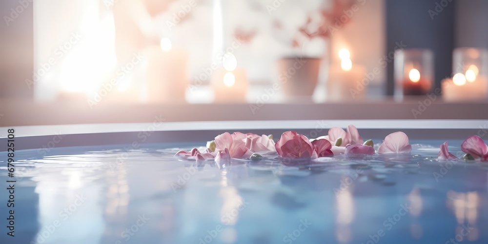 Relaxing in spa swimming pool with rose petals and candles - generative ai - obrazy, fototapety, plakaty 