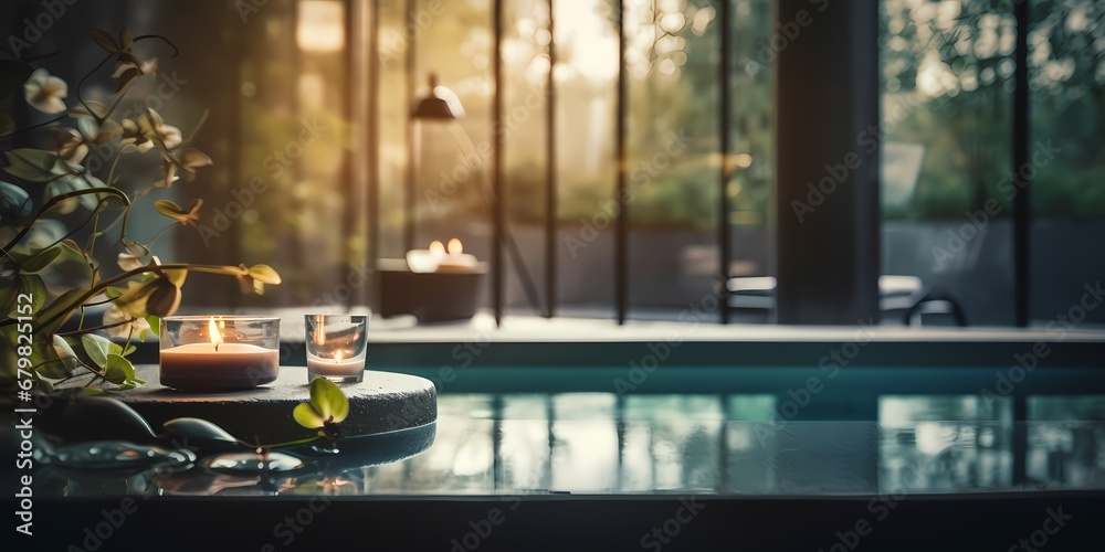 Luxury swimming pool in luxury spa resort hotel with sun light - generative ai