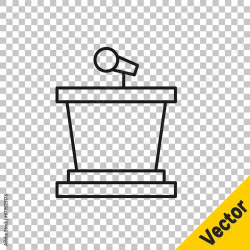Black line Stage stand or debate podium rostrum icon isolated on transparent background. Conference speech tribune. Vector