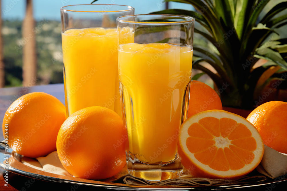 a glass of orange juice and oranges, whole and sliced, on the balcony on a bright day, a delicious refreshing drink a glass of orange juice and oranges, whole and sliced, on the balcony on a bright day, a delicious refreshing drink