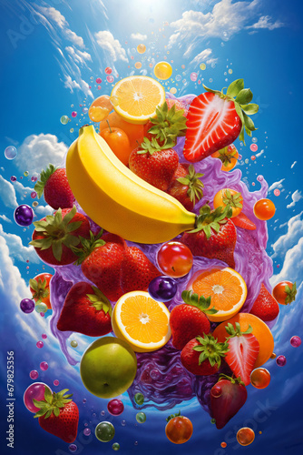 fruits with water splashes, on color background, fresh and healthy food © soleg