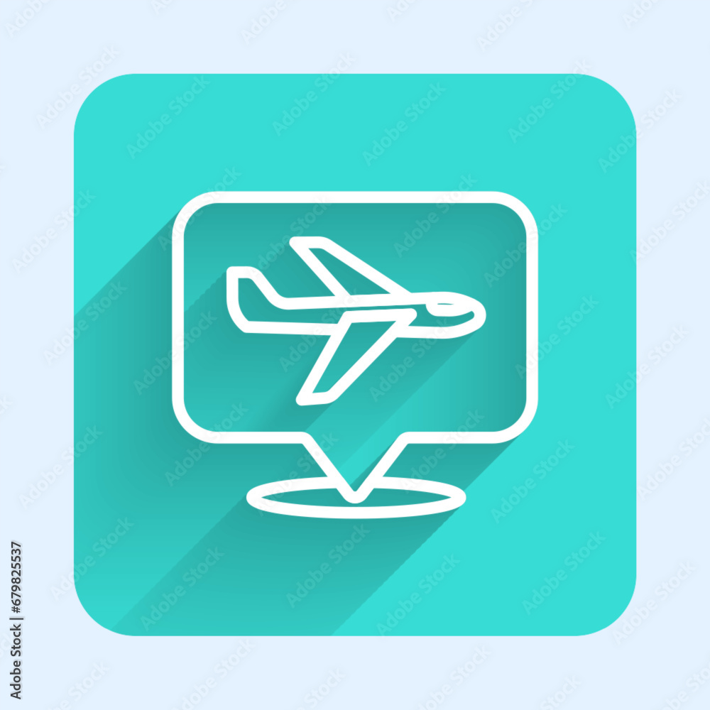 White line Plane icon isolated with long shadow background. Flying airplane icon. Airliner sign. Green square button. Vector