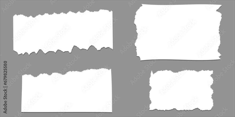 White torn paper rip pieces of sheet edge, note scrap or notebook pages, vector backgrounds. Notepad torn paper for message note, page or banner and cardboard blank ripped piece strips White torn paper rip pieces of sheet edge, note scrap or notebook pages, vector backgrounds. Notepad torn paper for message note, page or banner and cardboard blank ripped piece strips