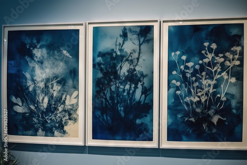 Abstract traditional floral cyanotype print in a workshop. Generative AI  AI