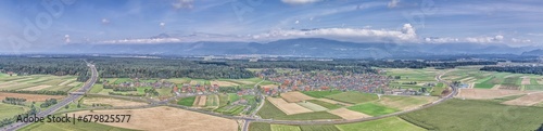 Drone panorama over the Slovenian Alpine foothills from the town of Kranj photo