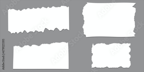 White torn paper rip pieces of sheet edge, note scrap or notebook pages, vector backgrounds. Notepad torn paper for message note, page or banner and cardboard blank ripped piece strips