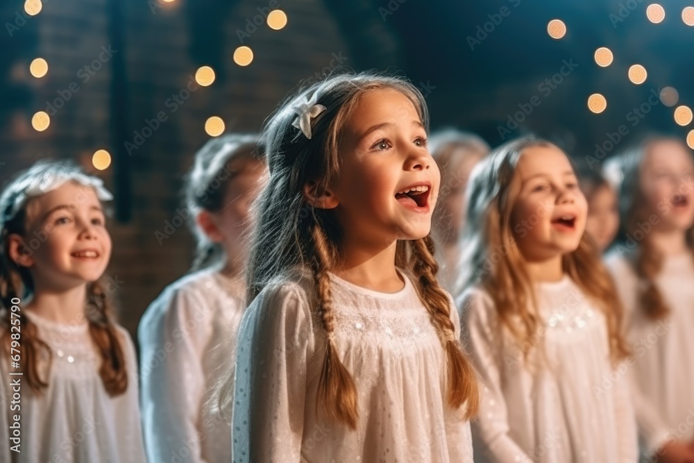 Children's Christmas choir in festive church