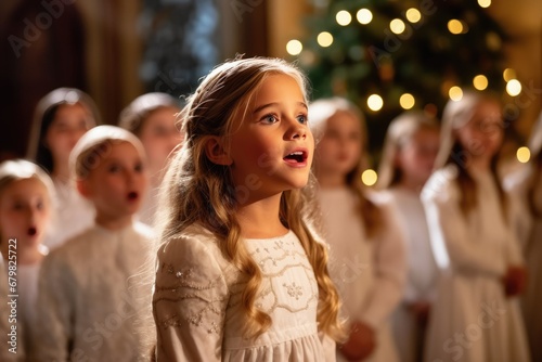 Little girl singing and Children's Christmas choir in festive church 