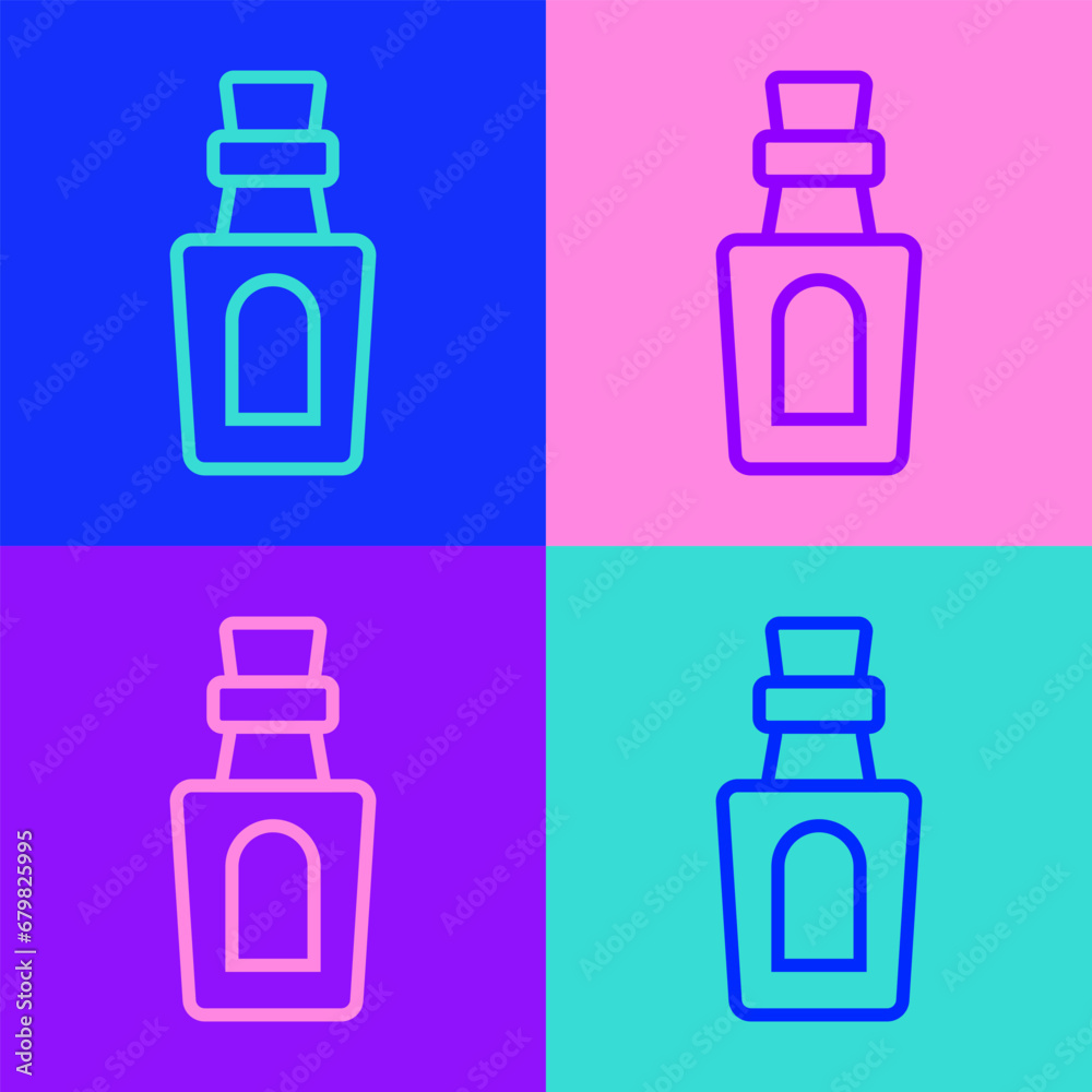 Pop art line Bottle with potion icon isolated on color background. Flask with magic potion. Happy Halloween party. Vector Pop art line Bottle with potion icon isolated on color background. Flask with magic potion. Happy Halloween party. Vector