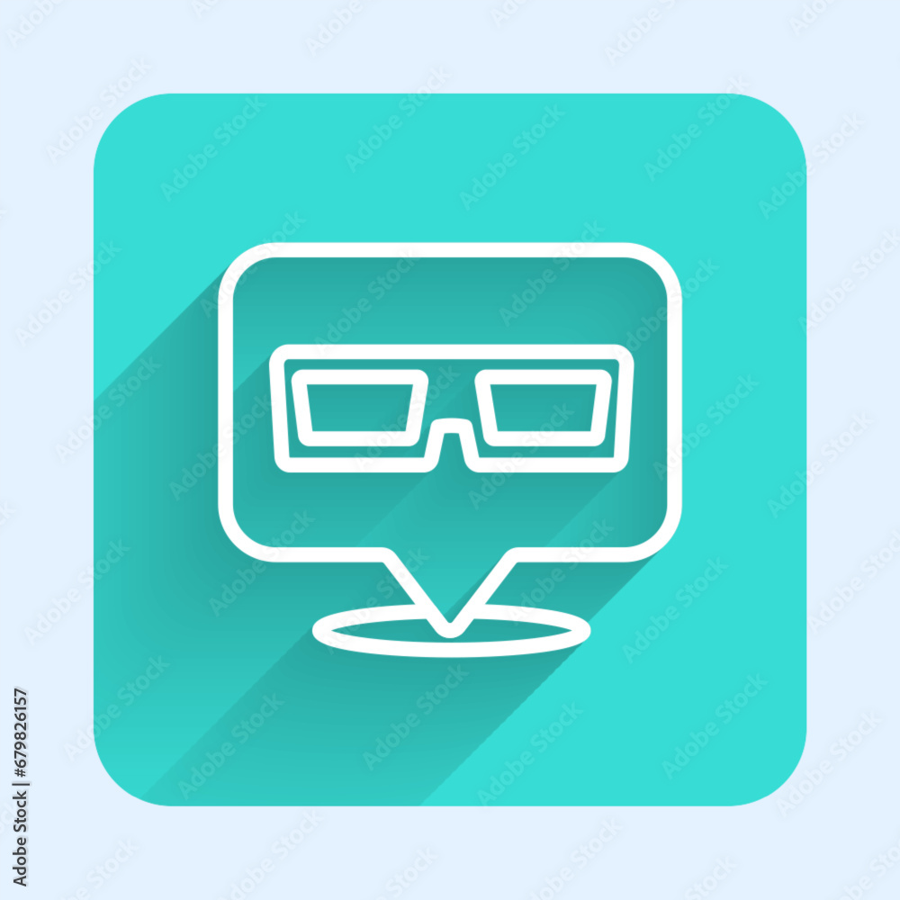 White line 3D cinema glasses icon isolated with long shadow background. Green square button. Vector White line 3D cinema glasses icon isolated with long shadow background. Green square button. Vector
