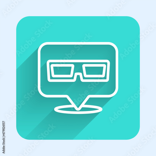 White line 3D cinema glasses icon isolated with long shadow background. Green square button. Vector
