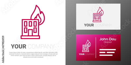 Logotype line Fire in burning building on city street icon isolated on white background. Destroyed city on fire. Logo design template element. Vector