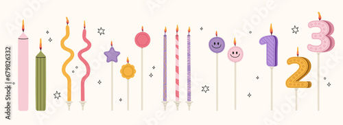 Candles for the cake. Colorful holiday candles for cake decoration. Bright accessories for the holiday. Vector hand drawillustration.Holiday banner, poster, greeting card, invitation background photo